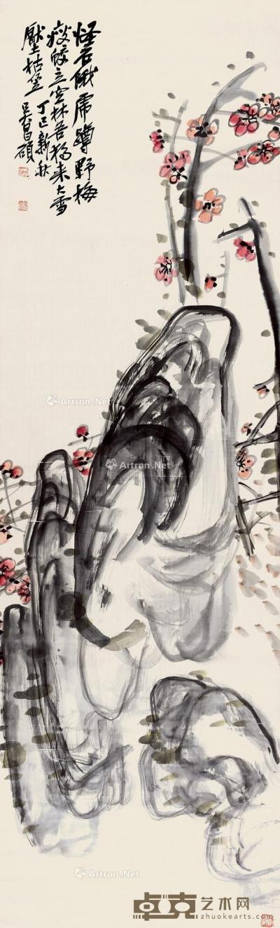  丁巳（1917）年作 奇石梅香 立轴 设色绫本 137×41cm