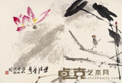 荷花小鸟 镜片 设色纸本 47×68.5cm