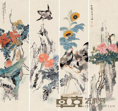  壬申（1872）年作 花鸟 四屏镜片 设色纸本 149×38cm×4
