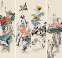  壬申（1872）年作 花鸟 四屏镜片 设色纸本
