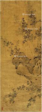  1600年作 竹石图 立轴 水墨绫本