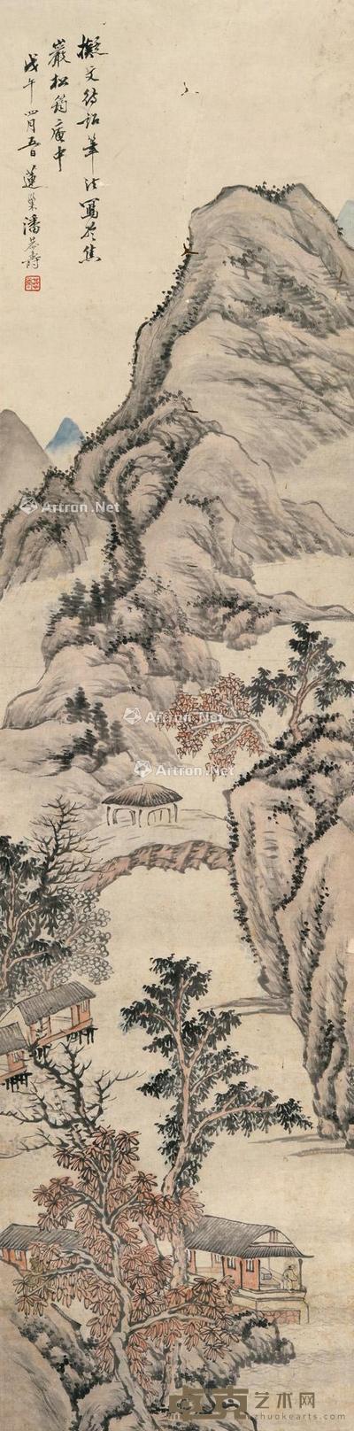 秋山读易图 立轴 设色纸本 126.5×31cm