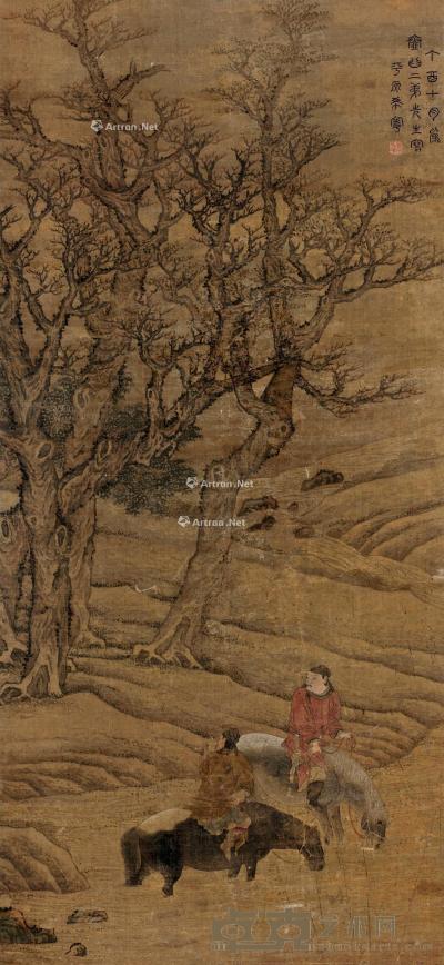  丁酉（1777）年作 饮马图 立轴 设色绢本 101.5×45.5cm