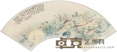  己酉（1909）年作 落花游鱼 扇面镜框 设色纸本 16.3×50.5cm