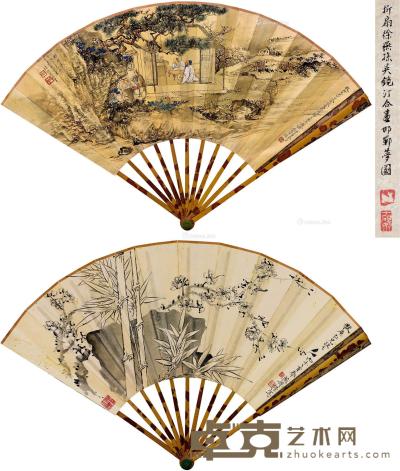  丙子（1936）年作 双清·邯郸梦 成扇 设色纸本 19.5×51cm