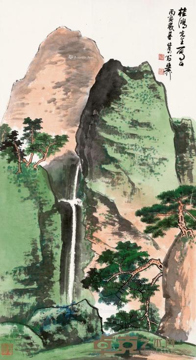  丙寅（1986）年作 碧峤飞泉 镜片 设色纸本 89.5×48cm