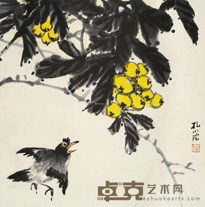 枇杷小鸟 立轴 设色纸本 41×41cm
