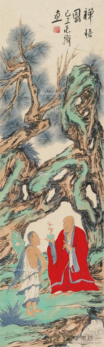 禅悟图 镜片 设色纸本 142.5×40cm