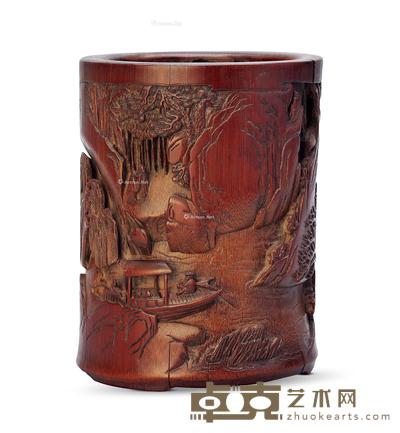清嘉庆 时以成竹雕泛舟圆笔筒 高16.5cm;直径12cm