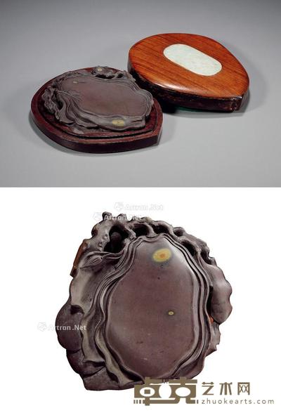 清 透雕玉兰形双面带眼端砚 13×12.7×2.3cm