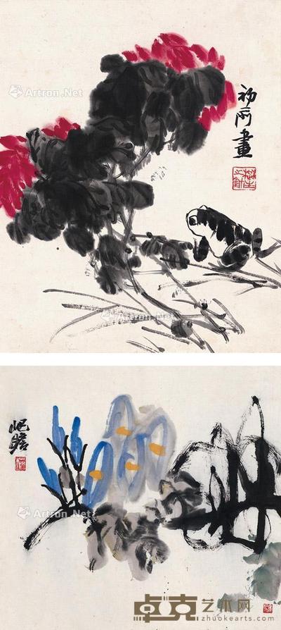  蛙戏图 牵牛花 （二帧） 镜片 设色纸本 39×31cm；42×39.5cm