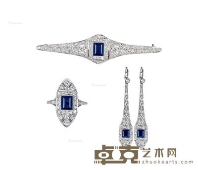 余东璇 王伯元旧藏装饰艺术时期(ArtDeco)金镶蓝宝石戒指手链耳环胸针 (五件套) --