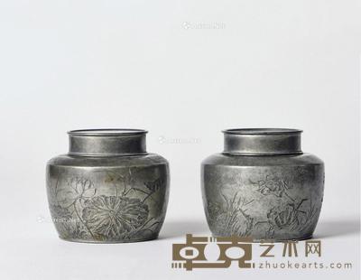 清·白云道人制河蟹图锡罐 (一对) 1.高6.2cm;口径4cm;2.高6.2cm;口径4cm