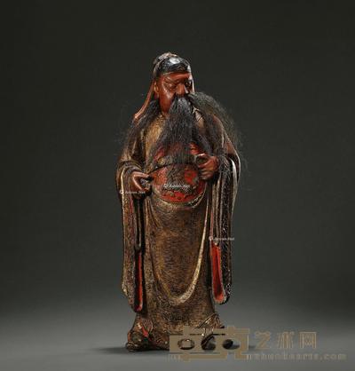 明 木胎关公立像 高46cm
