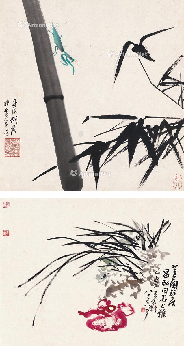  竹子螳螂图 芝兰并茂图 （二帧） 镜片 设色纸本