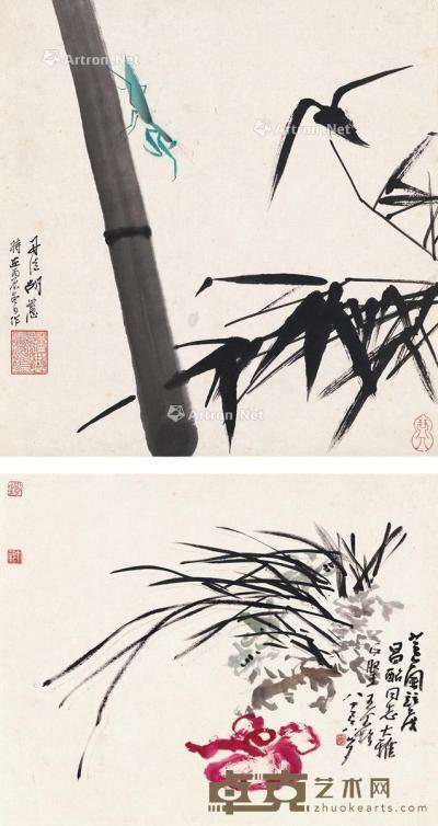  竹子螳螂图 芝兰并茂图 （二帧） 镜片 设色纸本 39.5×38cm；42.5×34cm