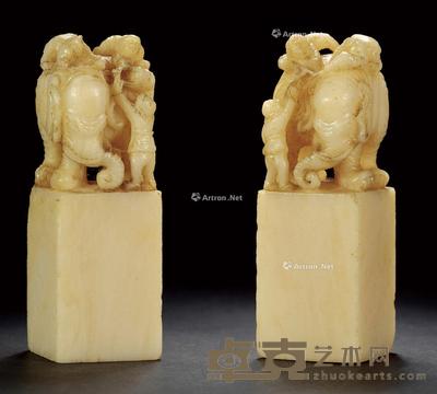 清·胡人洗象钮对章 3.7×3.7×10.8cm×2