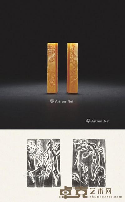 林清卿作寿山杜陵石松梅薄意对章 1.2×1.2×6.8cm×2