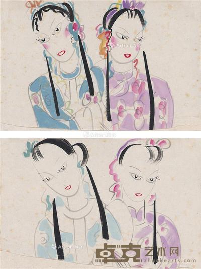 戏曲仕女 (二帧) 画心 设色纸本 32×20cm×2