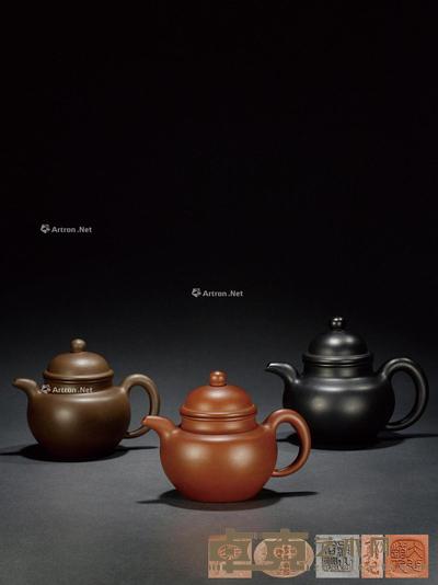 清末民国·程(陈)寿珍制冰心道人款紫泥掇球壶 (一组三件) 12.3×16.6cm;12.7×17.5cm;14×18.5cm