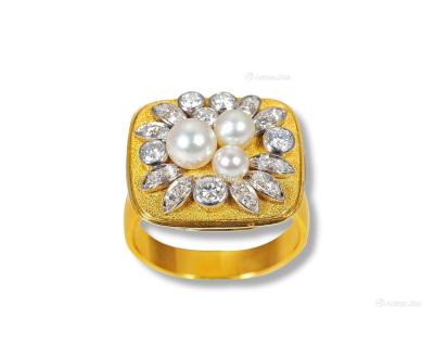  金镶珍珠配钻石方板戒指