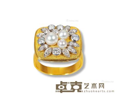 金镶珍珠配钻石方板戒指 --