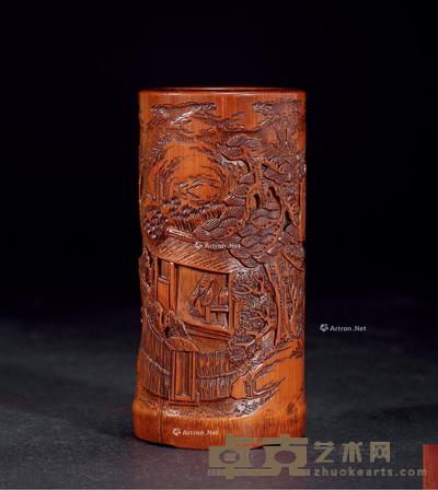  清 竹雕山水人物笔筒 高11.5cm