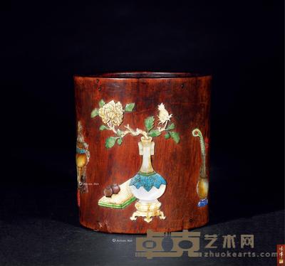 清 红木镶百宝博古图笔筒 高15cm