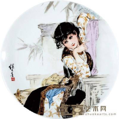 少女 瓷盘 彩绘 盘口直径21cm