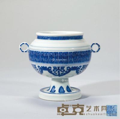 清乾隆 青花仿青铜纹双耳盖豆 高12.8cm