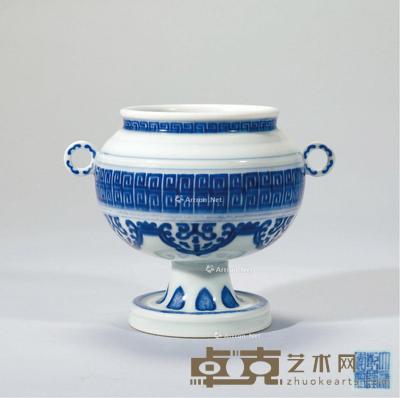  清乾隆 青花仿青铜纹双耳盖豆 高12.8cm