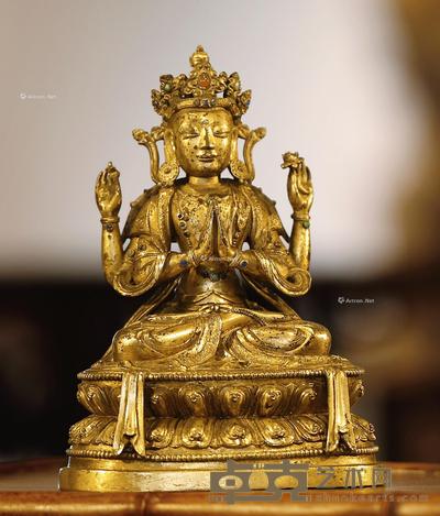 清康熙 铜鎏金四臂观音坐像 高19.5cm
