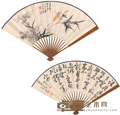  1941年作 竹枝蟋蟀图 书法 成扇 设色纸本 50×18.5cm