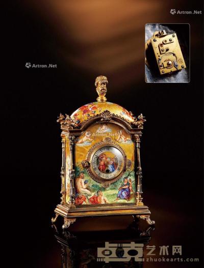  1780年制 Brevete S.G.D.G珐琅彩神话人物台钟 长8cm；宽3.6cm；高14cm