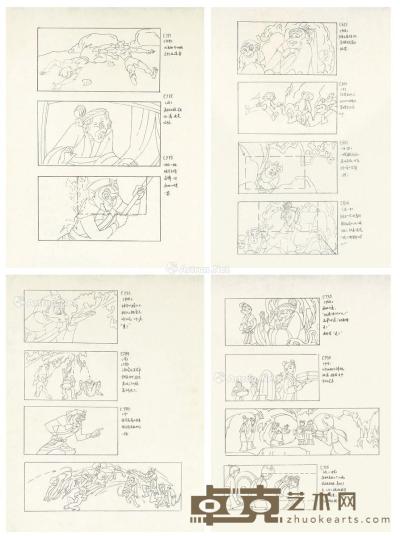 上海美术电影制片厂《金猴降妖》动画分镜头原稿 （六帧） 纸本 线描 31.5×27cm×6
