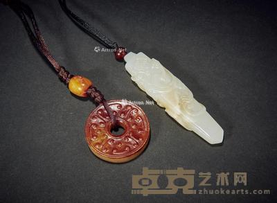  明-清·白玉雕螭龙纹锥形珮及白玉褐沁勾云纹玉环 （一组两件） 1.玉佩长7.9cm；2.玉环外径3.1cm；内径0.8cm