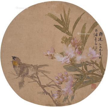  1881年作 芳卉鸣禽图 扇页 设色绢本