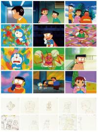  新锐动画公司 《哆啦A梦》动画线稿及赛璐璐片 （二十二帧） 纸本 赛璐璐片