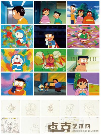 新锐动画公司 《哆啦A梦》动画线稿及赛璐璐片 (二十二帧) 纸本 赛璐璐片 赛璐璐片23×26cm×12;线稿尺寸不一