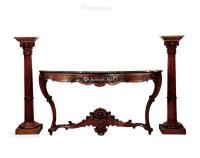  1900年制 法式风格胡桃木玄关边桌配罗马柱 （一组）