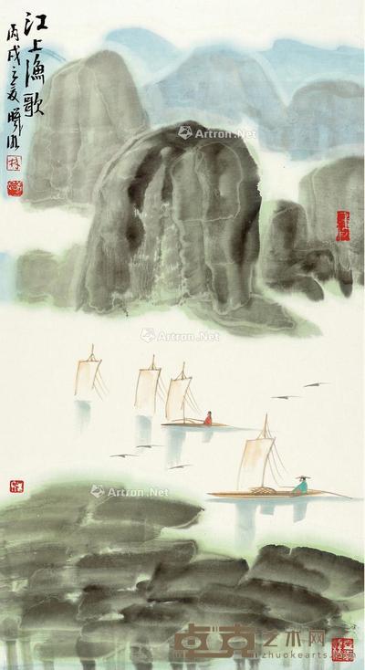 2006年作 江上渔歌 立轴 设色纸本 88×47cm