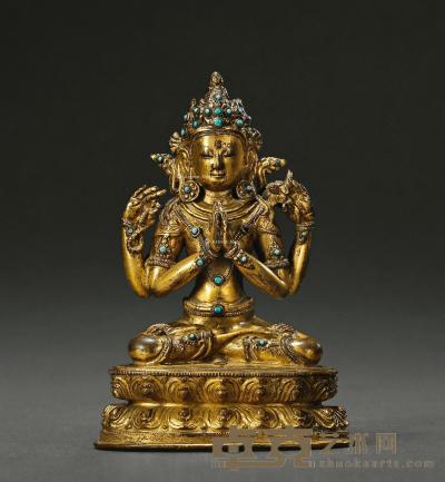  16世纪 铜鎏金四臂观音坐像 高13.5cm