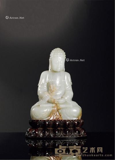 清·青白玉雕阿弥陀佛坐像 带座高20.3cm;高16.3cm