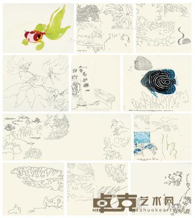 上海美术电影制片厂 《美丽的小金鱼》动画采风稿及赛璐璐片 (十一帧) 纸本 赛璐璐片 赛璐璐片25×31.5cm;采风稿25.2×30cm×10