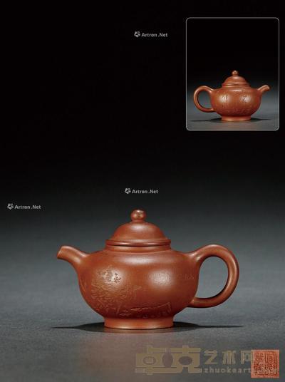当代·唐云绘沈觉初刻唐云自用紫泥笠帽圆壶 7.3×12.5cm