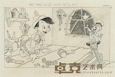 1940年作 迪斯尼动画工作室 木偶奇遇记(Pinocchio)系列动画 手绘原稿 镜片 纸本 19.5×29cm