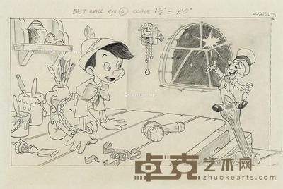  1940年作 迪斯尼动画工作室 木偶奇遇记（Pinocchio）系列动画 手绘原稿 镜片 纸本 19.5×29cm