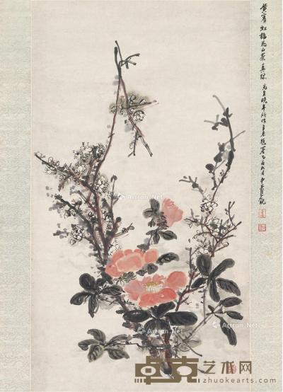  梅花山茶图 立轴 设色纸本 74×41cm