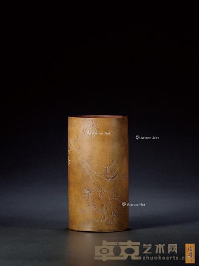 清晚期·玉成窑伯年款紫泥粉浆帽筒 22.5×12cm