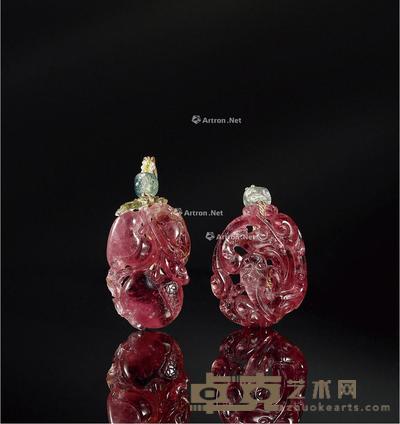  清·碧玺雕福寿三多佩及碧玺雕螭龙佩 （一组两件） 1.长4.8cm；宽3cm；2.长4.6cm；宽3.5cm